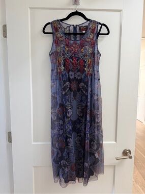 Johnny Was Biya Mesh Sleeveless Floral embroidered Midi Dress
